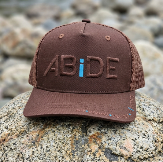 Brown cap with 'ABiDE' text on a rocky surface