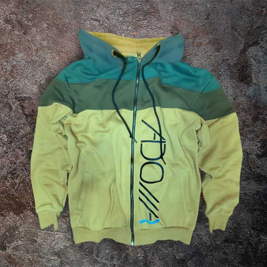 Color-blocked hoodie with ADONAI (Lord) logo on a textured surface
