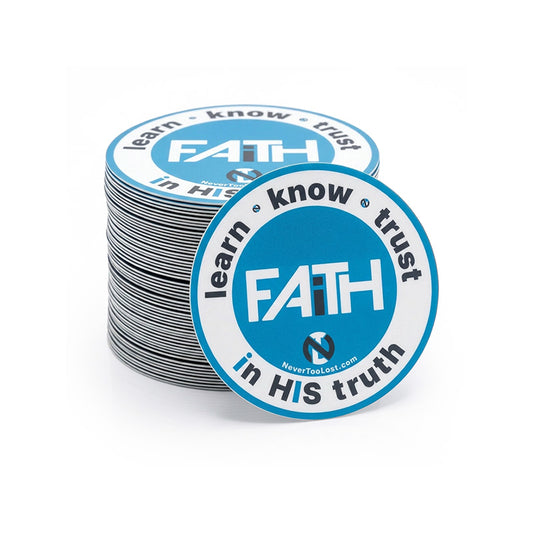 A stack of round stickers with a blue, white, and dark grey design featuring the word 'FATH' and the text 'learn * know * trust in HIS truth'.