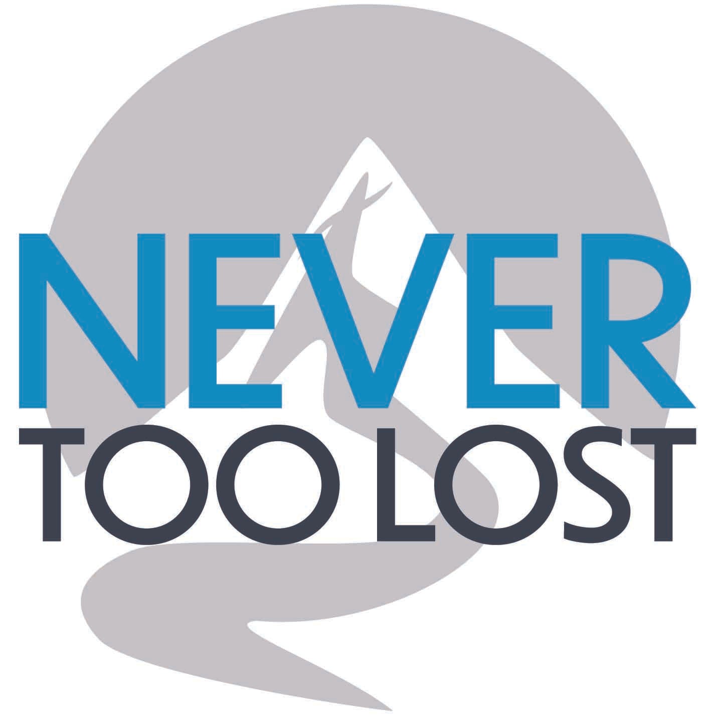 Never Too Lost Logo Blue & Dark Grey with Mountain Trail and Cross