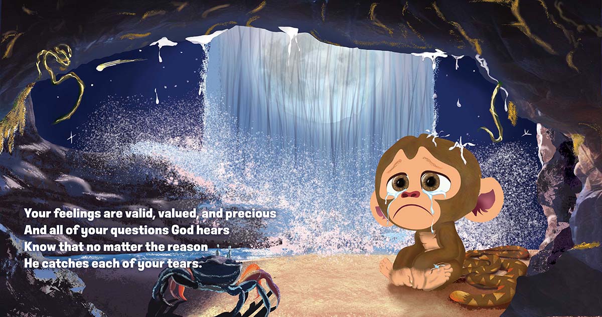 illustration of monty the monkey alone in a cave behind a waterfall, with croix the crab expressing sadness and raw feelings.