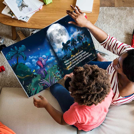 A mother is reading the Christian children's book "Where Your Beginning Began" by Courtney Cohen to a child