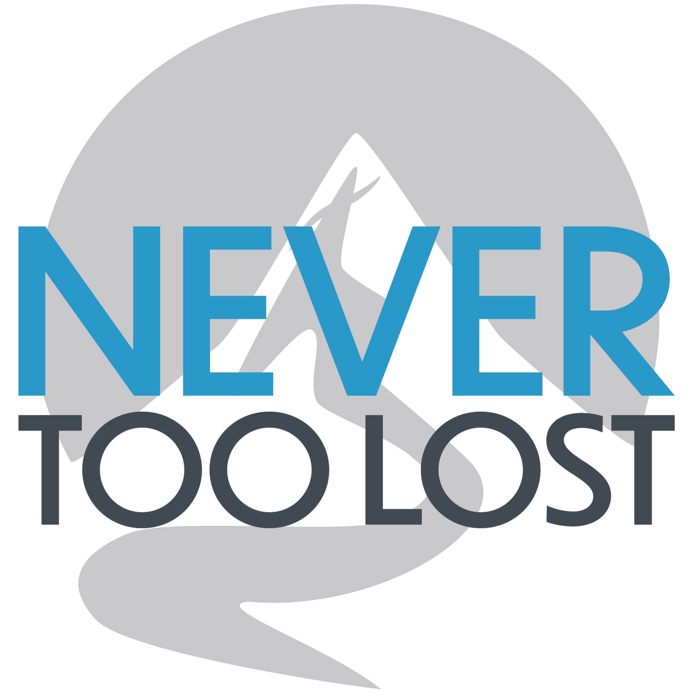 Never Too Lost Logo with mountain and discipleship path leading up to the cross of Jesus