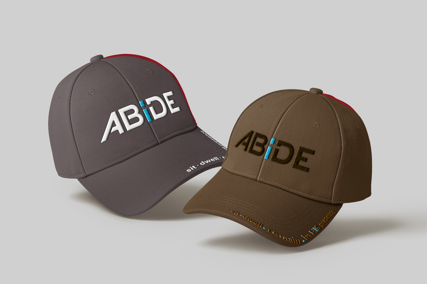 Two baseball caps, one gray and one brown, with 'ABIDE' logo on a light gray background.