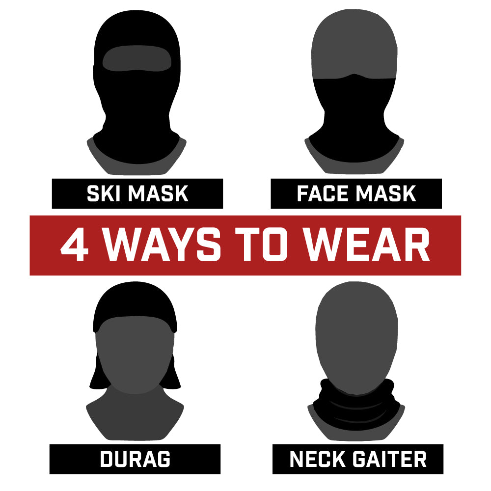 Diagram showing four ways to wear a face covering: ski mask, face mask, durag, and neck gaiter.