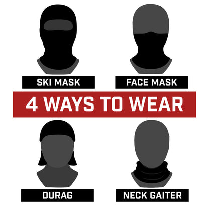 Diagram showing four ways to wear a face covering: ski mask, face mask, durag, and neck gaiter.