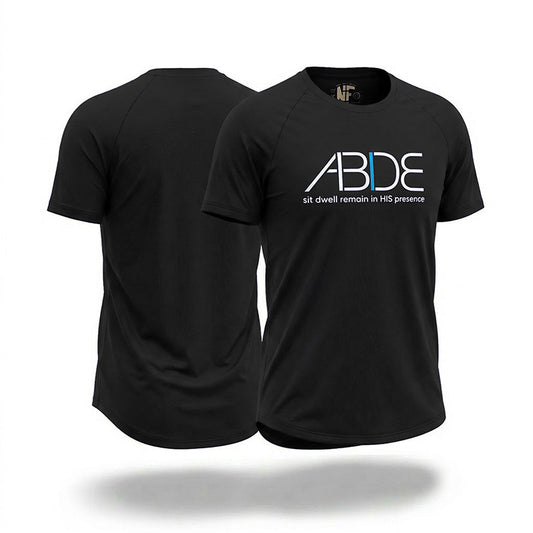 Black t-shirt with 'ABDE' logo on a white background