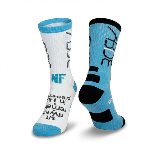 ABIDE White & Blue Sock Variants on a white background