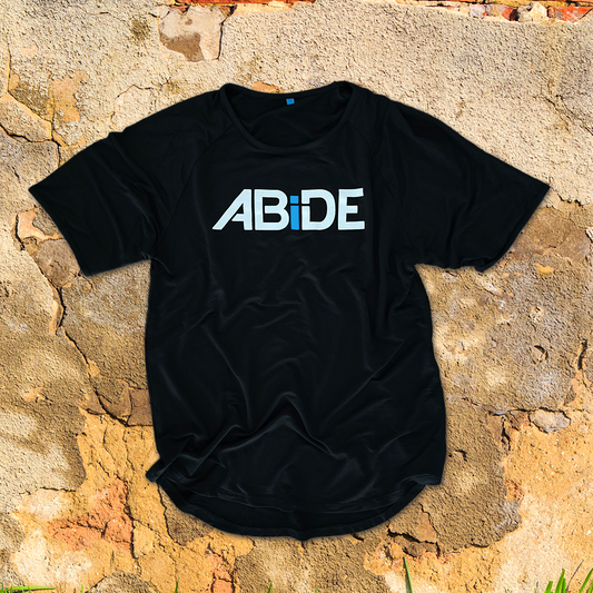 Black bamboo t-shirt with 'ABIDE' logo on a stone surface