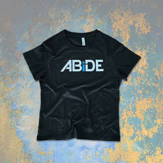 Coal gray t-shirt with 'ABiDE' logo on a textured blue and gold background