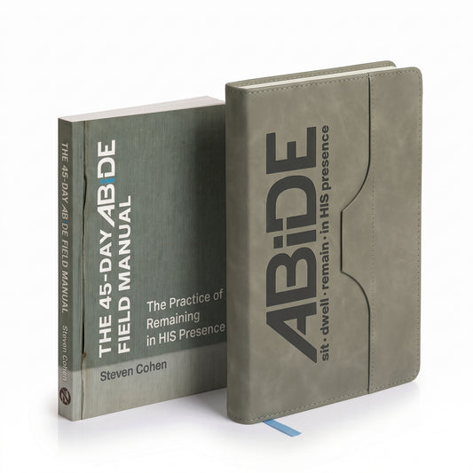 The 45-Day ABDE Field Manual book by Steven Cohen shown standing upright next to a matching ABiDE journal with a pen pocket on the cover, both in muted olive-gray tones on a clean white background.