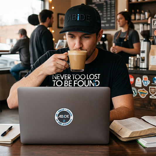 A man in a black Never Too Lost To Be Found Bamboo t-shirt and a black cap with 'ABIDE' printed on it sits at a cafe table, drinking from a coffee cup and using a laptop with an 'ABIDE' sticker. The background shows a busy cafe environment with other people and bar equipment.
