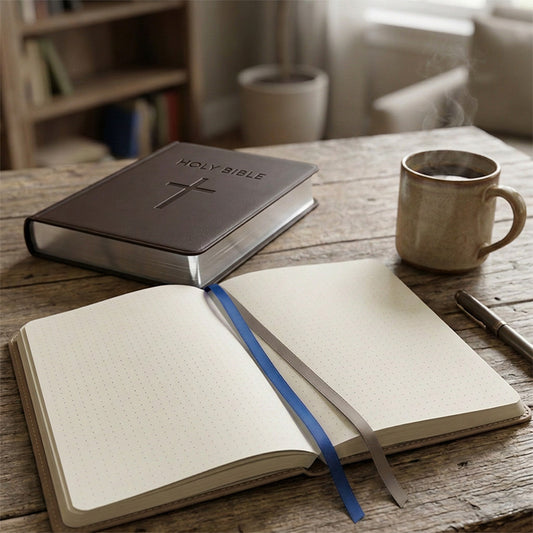 A dark brown leather-bound Holy Bible with a cross and embossed title sits on a rustic wooden table next to an open ABiDE Journal with dot-grid paper and blue and silver ribbon bookmarks. A beige ceramic mug with steam, a pen, and a blurred home interior are visible in the background.
