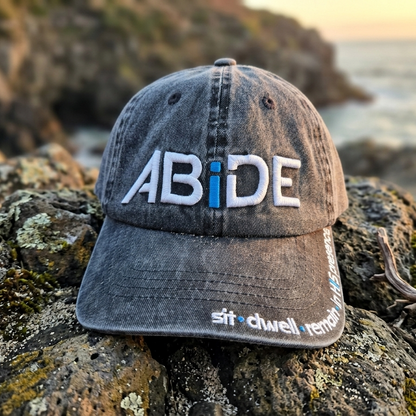 Denim cap with 'ABiDE' branding on a rocky surface near water