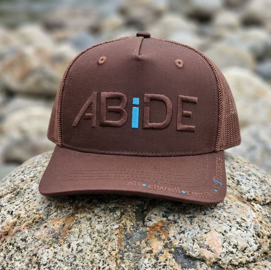 Brown cap with 'ABiDE' text on a rocky surface