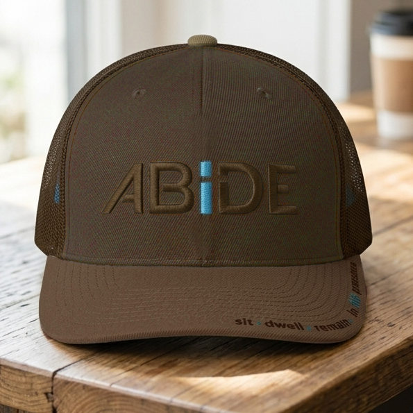 Brown on brown ABiDE trucker hat with sit - dwell - reamin- in HIS presence logo on the bill, sittong on a wooden table