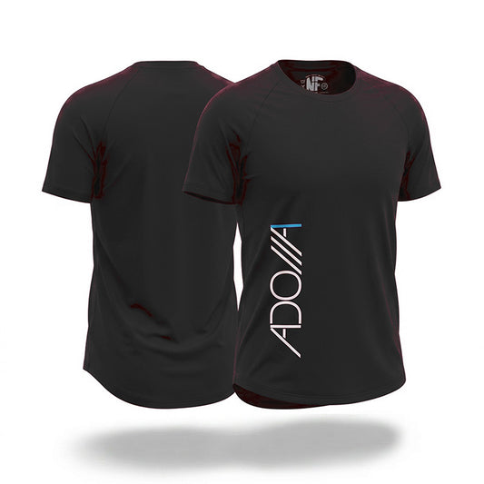 Black bamboo t-shirt with ADONAI brand logo on the front, displayed from front and back views.