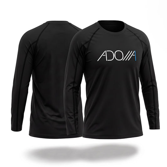 Black long-sleeve athletic shirt shown from the front and back, featuring a white and blue 'ADONAI' logo on the chest, displayed on a clean white background.