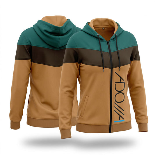A unisex colorblock ADONAI zip-up hoodie on shown on a woman's figure from both front and back views. The color scheme features a tan body, a dark brown chest stripe, and a teal hood and shoulder yoke.