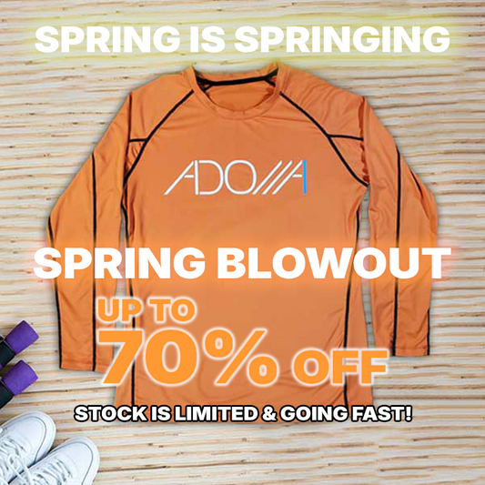 Orange athletic shirt with 'Adonai' branding on a wooden surface, promotional text overlay.