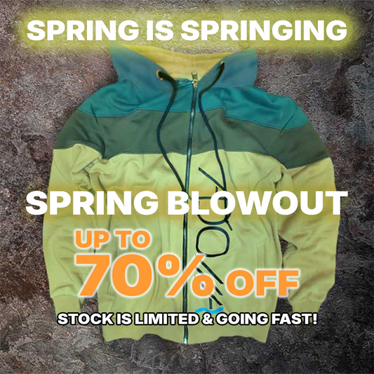Green and brown jacket with promotional text for a spring sale on a textured background