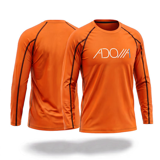 Front and back views of an orange long-sleeve athletic shirt with black contrast stitching and a white and blue 'ADONAI' logo on the chest, displayed on a clean white background.
