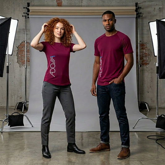 Two Christians wearing matching maroon/wine Bamboo t-shirts with ADONAI logo in a studio setting.