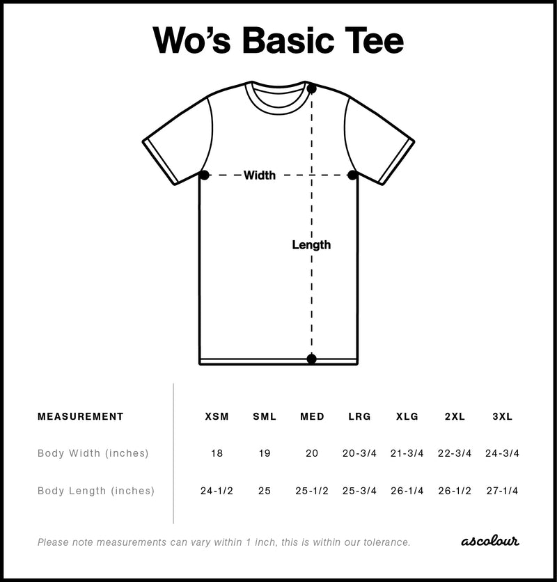 Measurement chart for women's basic t-shirt with dimensions and brand name 'ascolour'.