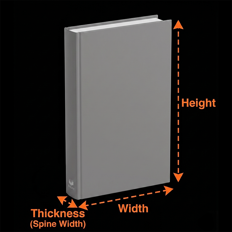 Gray book with measurements labeled on a black background