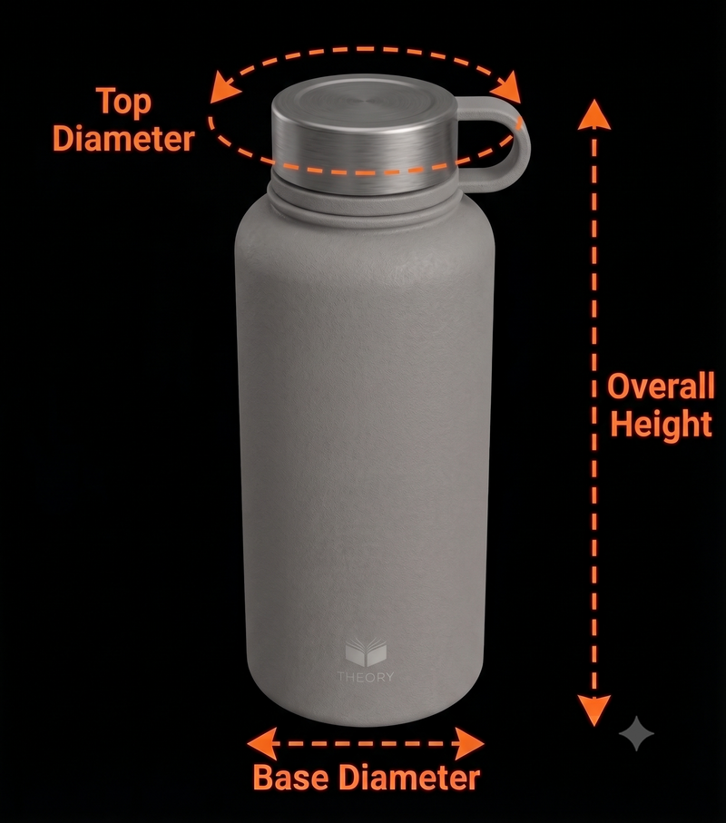Gray water bottle with measurement labels on a black background