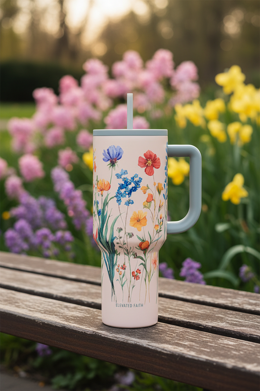Tumbler with floral design on a wooden surface with flowers in the background