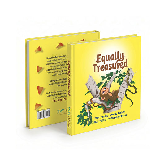 Yellow children's book titled 'Equally Treasured' with a monkey illustration on a white background