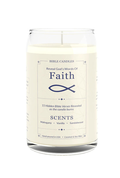 Faith Bible Candle - Mahogany, Vanilla & Sandalwood Scent with Hidden Verses