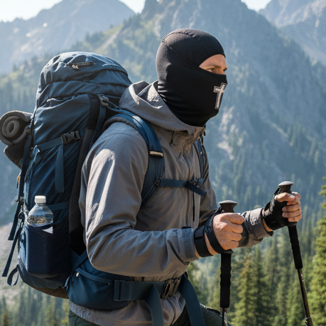 Person hiking in a mountainous area with a backpack and poles and black balaclava with Jesus Cross.