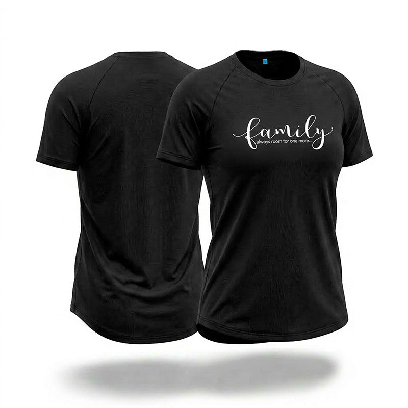 Black t-shirt with 'family always room for one more' text on a white background