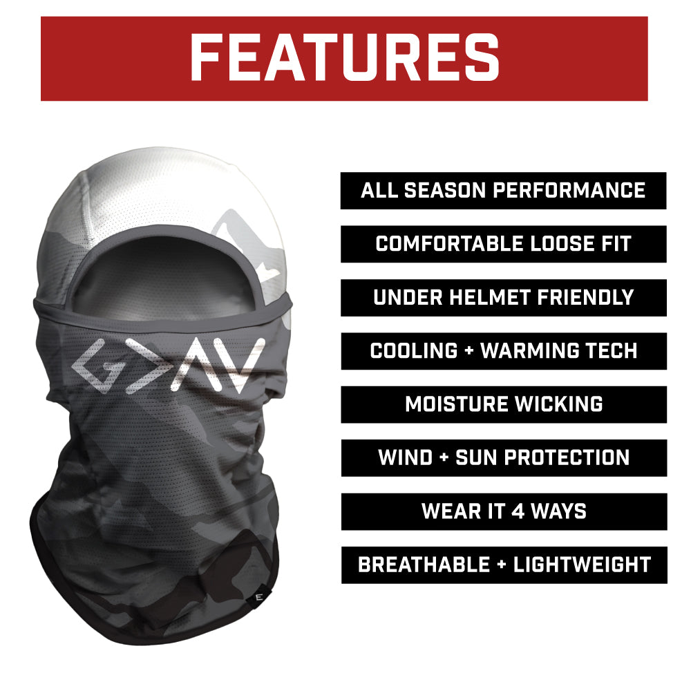 Black neck gaiter with helmet compatibility features listed on a white background