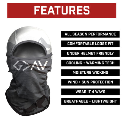 Black neck gaiter with helmet compatibility features listed on a white background