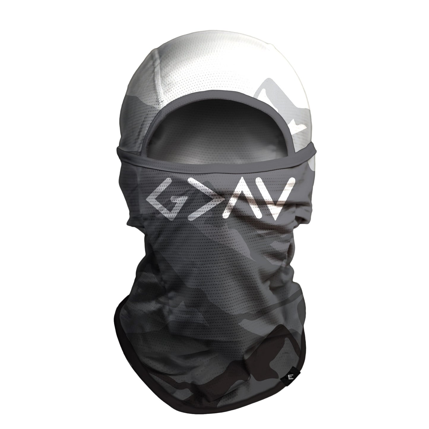 Black and silver balaclava with God is Greater than highs and lows on a white background