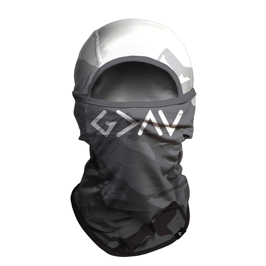 Black and silver balaclava with God is Greater than highs and lows on a white background