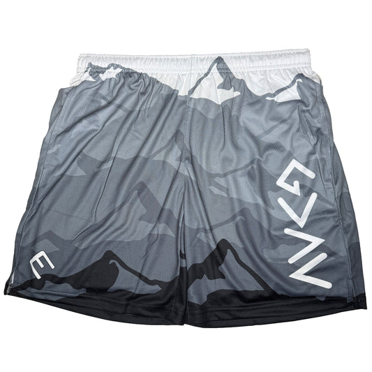 Gray camouflage shorts with white text on a white background