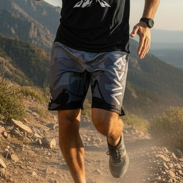 Man running on a mountain trail wearing a black t-shirt with text and graphics.