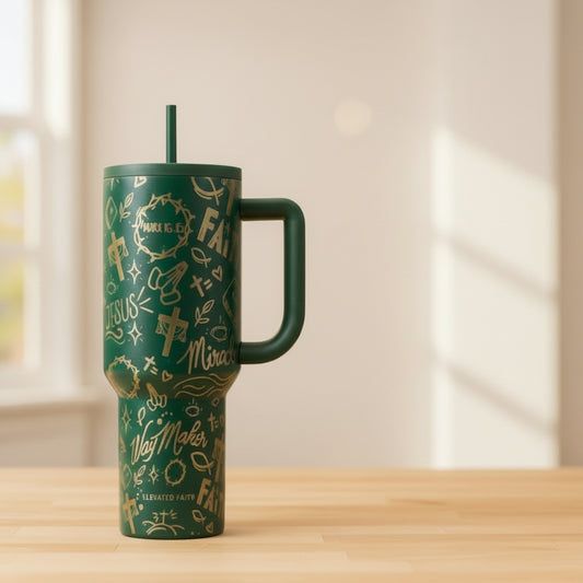 Green travel mug with gold designs and text on a counter in sun-light filled room