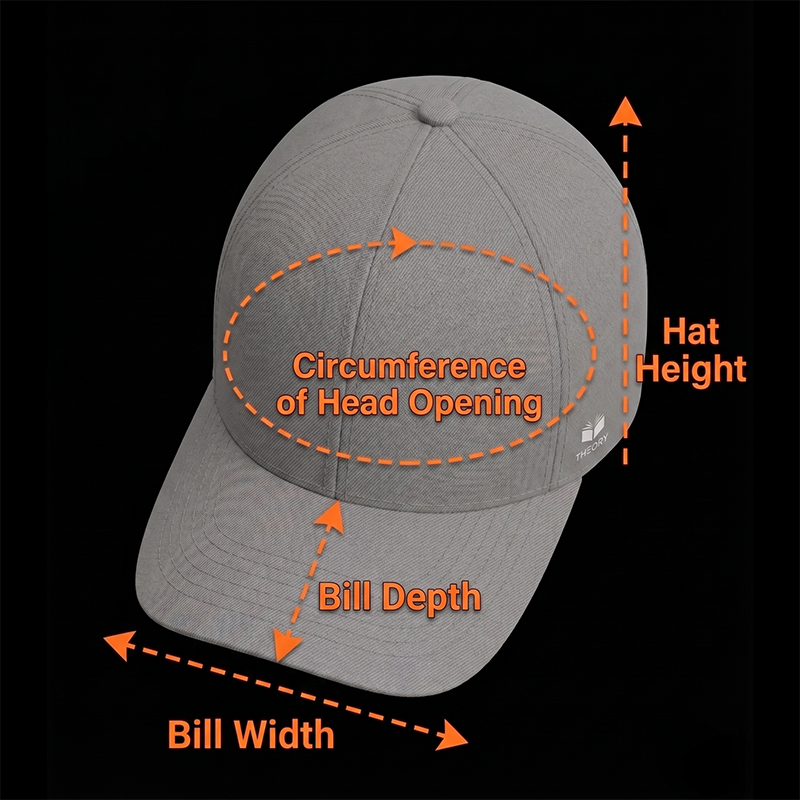 Gray cap with measurement points labeled on a black background