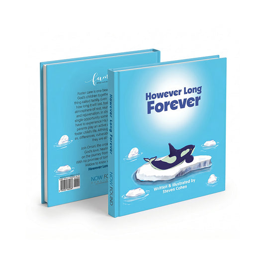 Book titled 'However Long Forever' with an illustration of an orca on a blue background