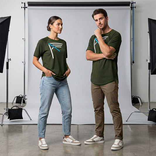 Two people wearing green I AM bamboo t-shirts in a studio setting.