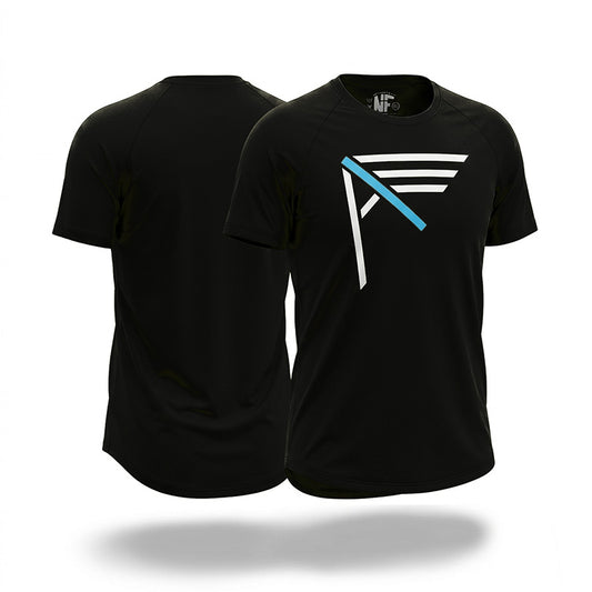 Black bamboo t-shirt with I AM logo on the front, displayed from front and back views.