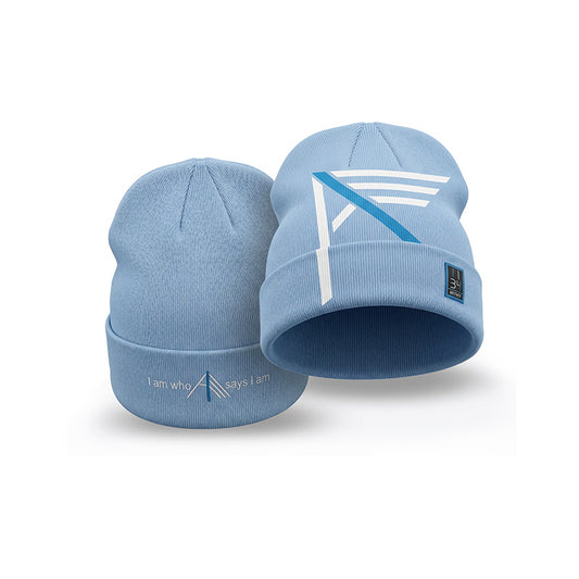 I Am Powder Blue Beanie with I AM Arrow Graphic on Front I I am who I AM says I am on the back brim.