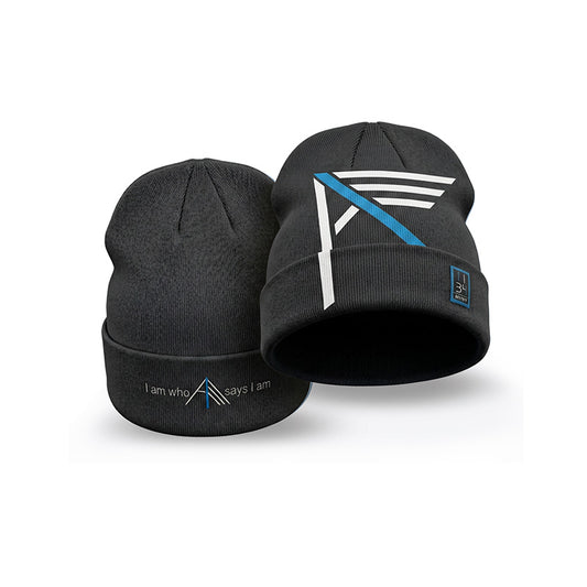 I Am Black Beanie with I AM Arrow Graphic on Front I I am who I AM says I am on the back brim.