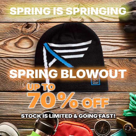 Black beanie with a brand logo on a wooden surface, promotional text for 'Spring Blowout' sale.