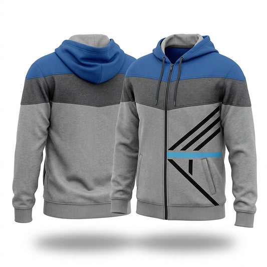 A gray zip-up hoodie shown from both front and back views. The hoodie features a color-blocked I AM Arrow design with a royal blue hood and upper chest, a dark gray middle band, and a heather gray lower body.